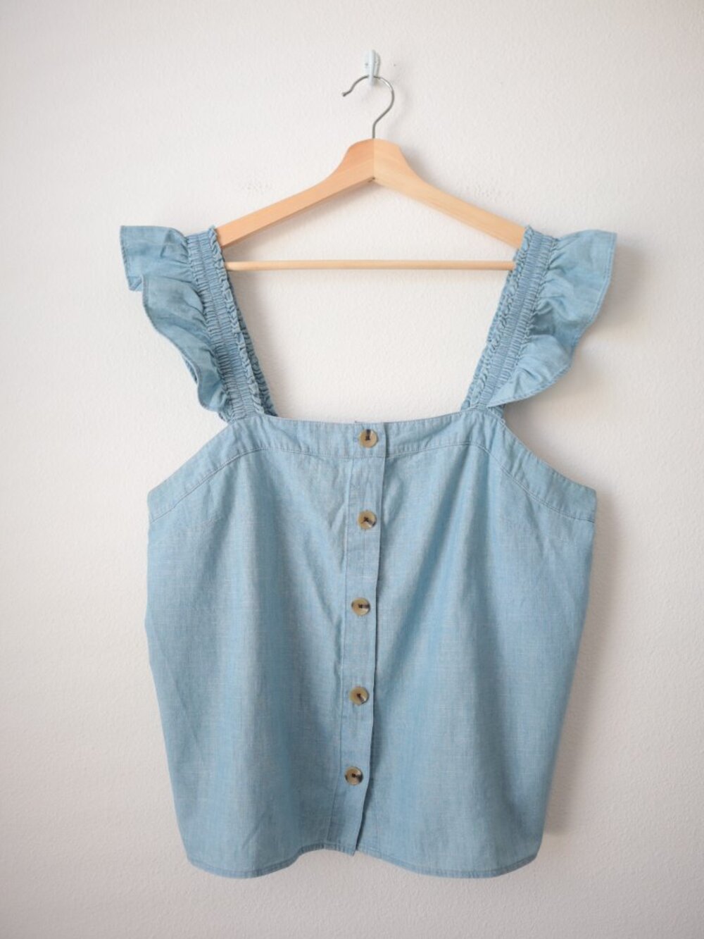 J.Crew Chambray Button-front Top with Ruffle Straps | L